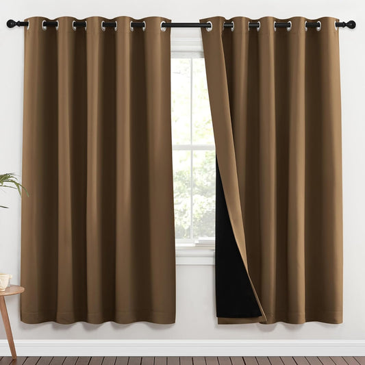 NICETOWN Full Shade Curtain Panels, 62 x 72 inch, Gold Brown, Pair of Energy Smart & Noise Blocking Out Blackout Drapes for Dining Room Window, Thermal Insulated Guest Room Lined Window Dressing