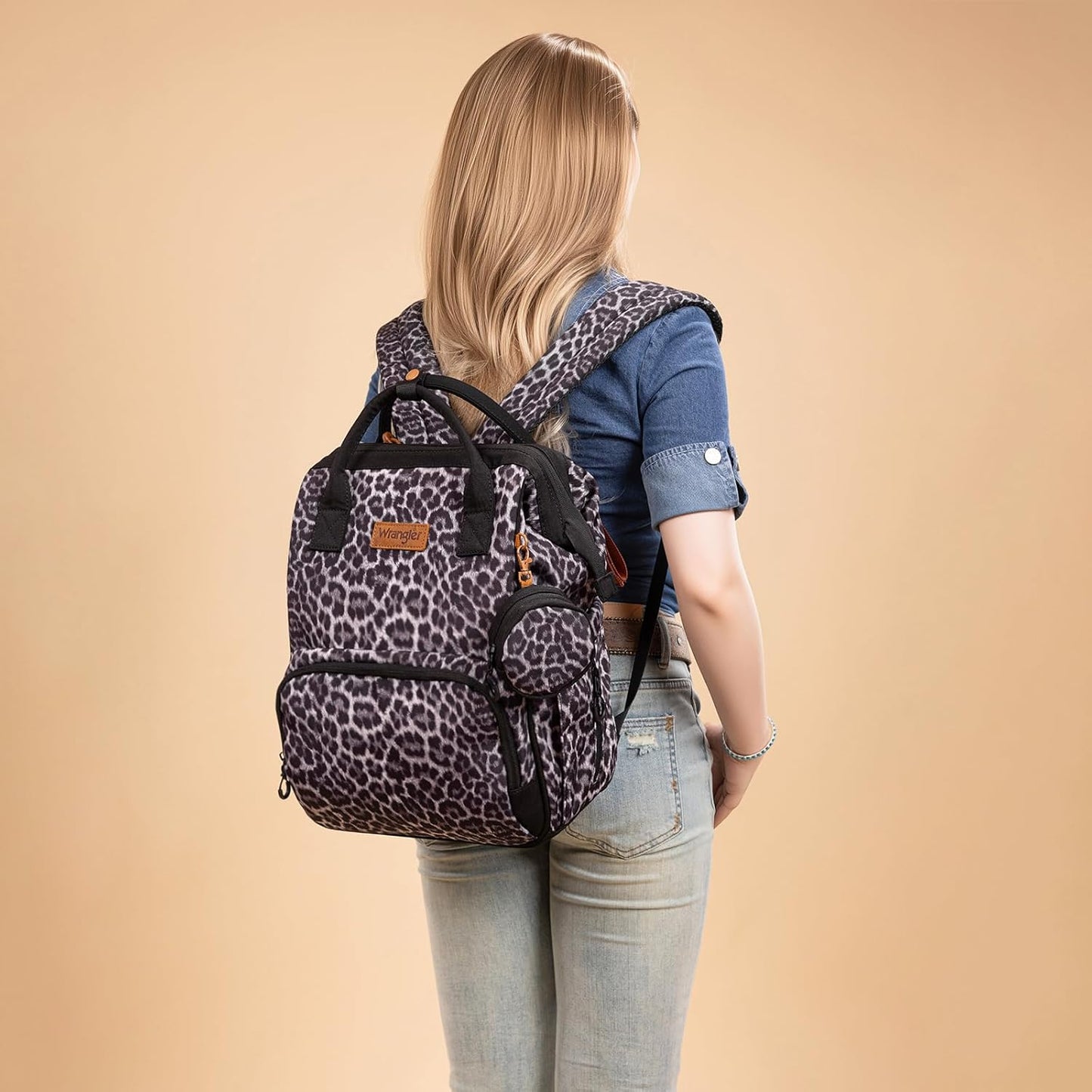 Wrangler Leopard Print Backpack Multifunction Baby Travel Bag with Changing Pad, Stroller Straps and Pacifier Case WG2204-91103LP-BK