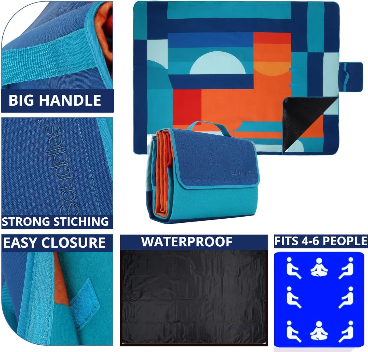 scuddles Compact Picnic Blanket – Extra Large 79" x 59" Outdoor Mat with 3-Layer Waterproof Design, Soft Fleece, Carry Strap & Reinforced Edges for Camping, Beach, Parks & Hiking