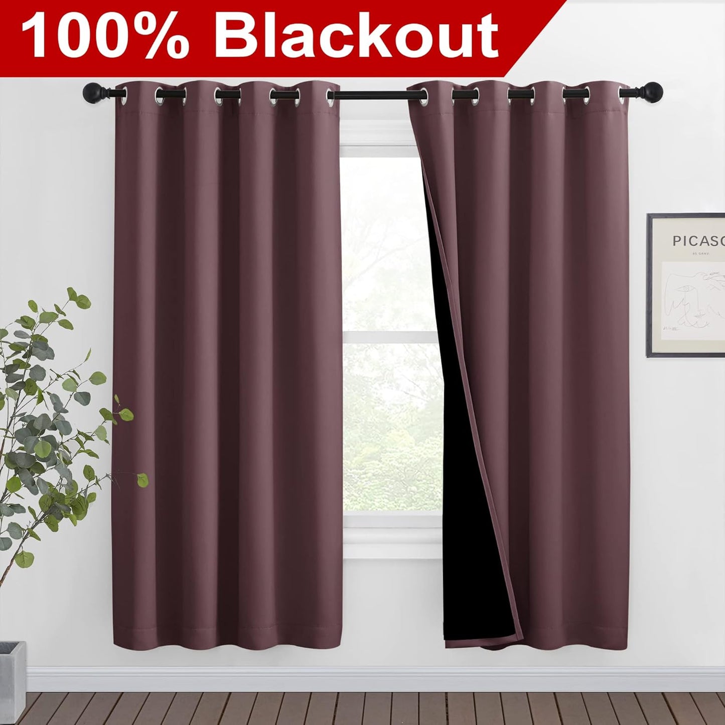 NICETOWN Living Room Completely Shaded Draperies, Privacy Protection & Noise Reducing Ring Top Drapes, Black Lined Insulated Window Treatment Curtain Panels (Dry Rose, 2 Pieces, W46 x L72)