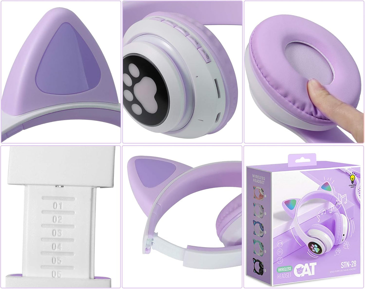TCJJ Kids Wireless Headphones - Cat Ear LED Light Up, Bluetooth 5.4, Safe Volume Limit, Noise Cancelling with Mic & TF Card for Girls Boys Toddlers School (Purple)