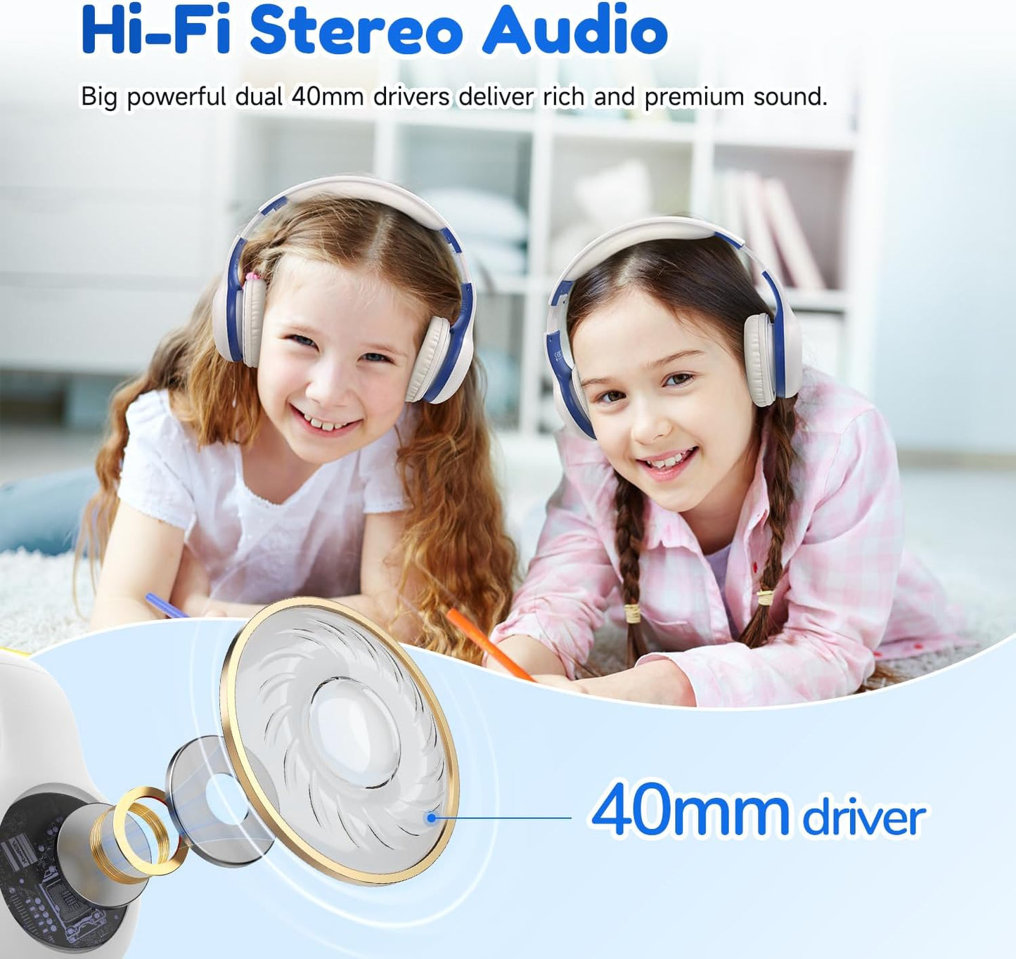 EarFun K2 Kids Bluetooth Headphones, Kids Headphones with Volume Limited, 40H Playtime, Built-in Mic, Stereo Sound, Foldable Over-Ear Headphone for School/Travel/iPad/Tablet, White