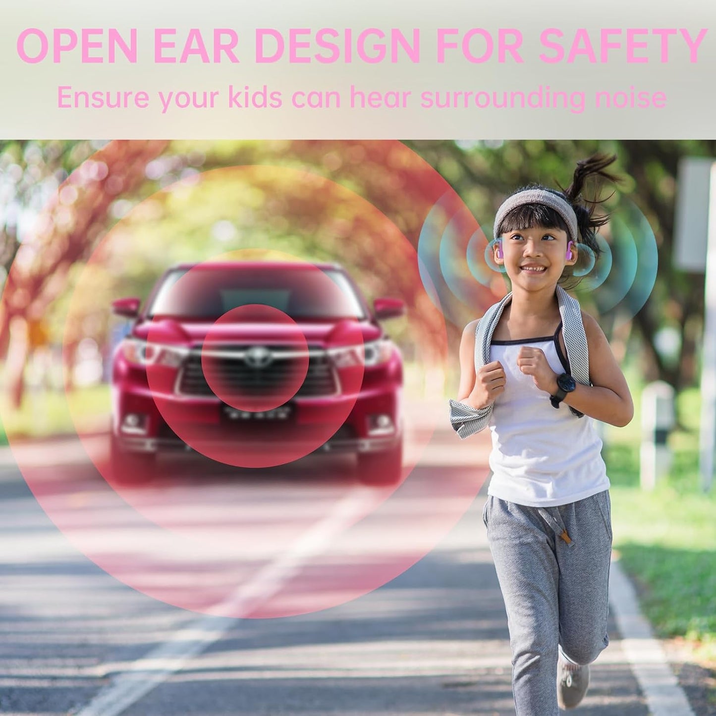Kids Headphones, Bluetooth 5.2 Air Conduction Open Ear Headphones, 85dB Volume Limiting, Stereo Sound with Mic, IPX5 Waterproof, 20H Playtime, Perfect for School and Outdoor-Pink