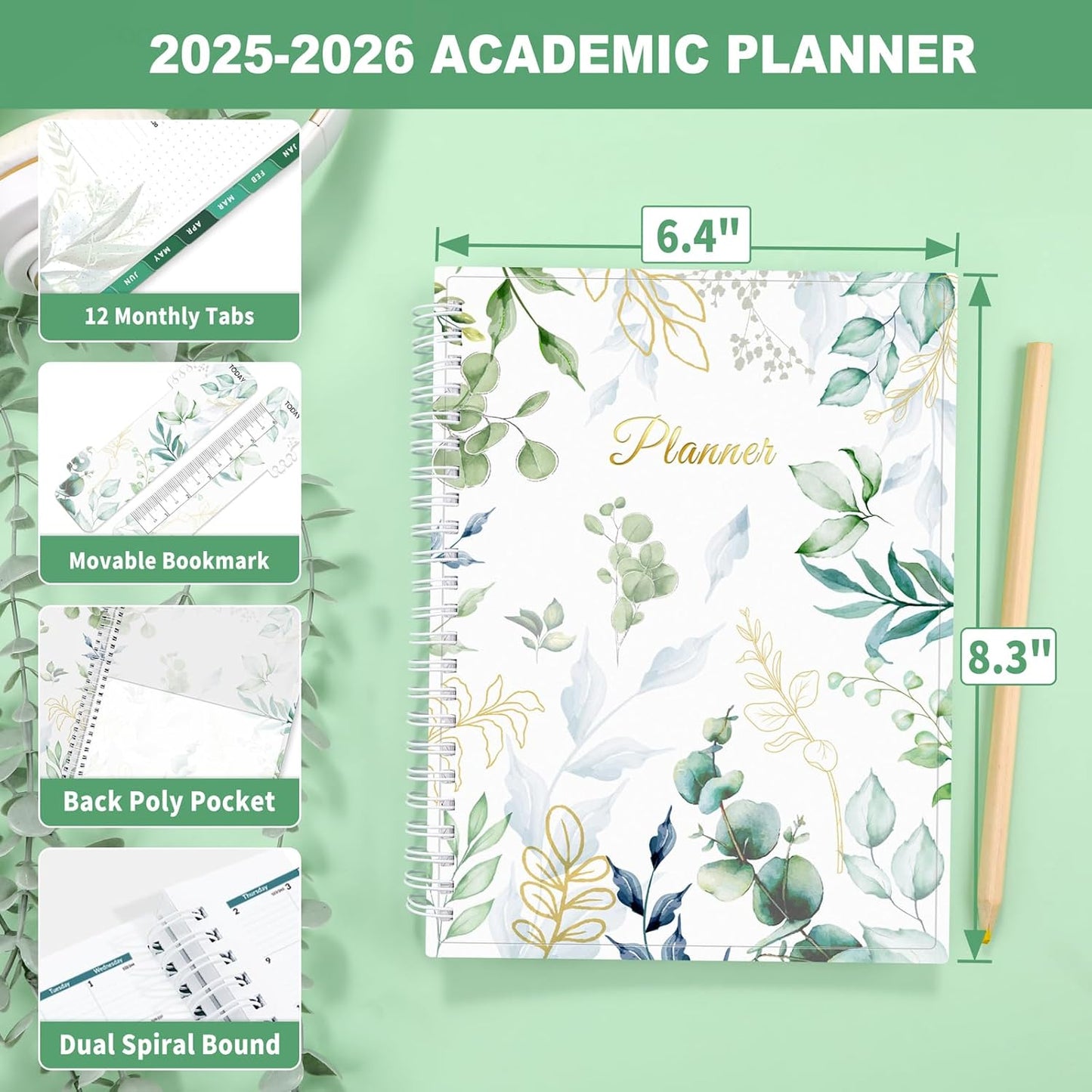 SUNEE Academic Planner 2025-2026 Weekly and Monthly - from July 2025 to June 2026, 6.4"x8.3" School Year Calendar Daily Planner with Monthly Tab, Flexible Cover, Note Pages, Spiral Binding, Greenery