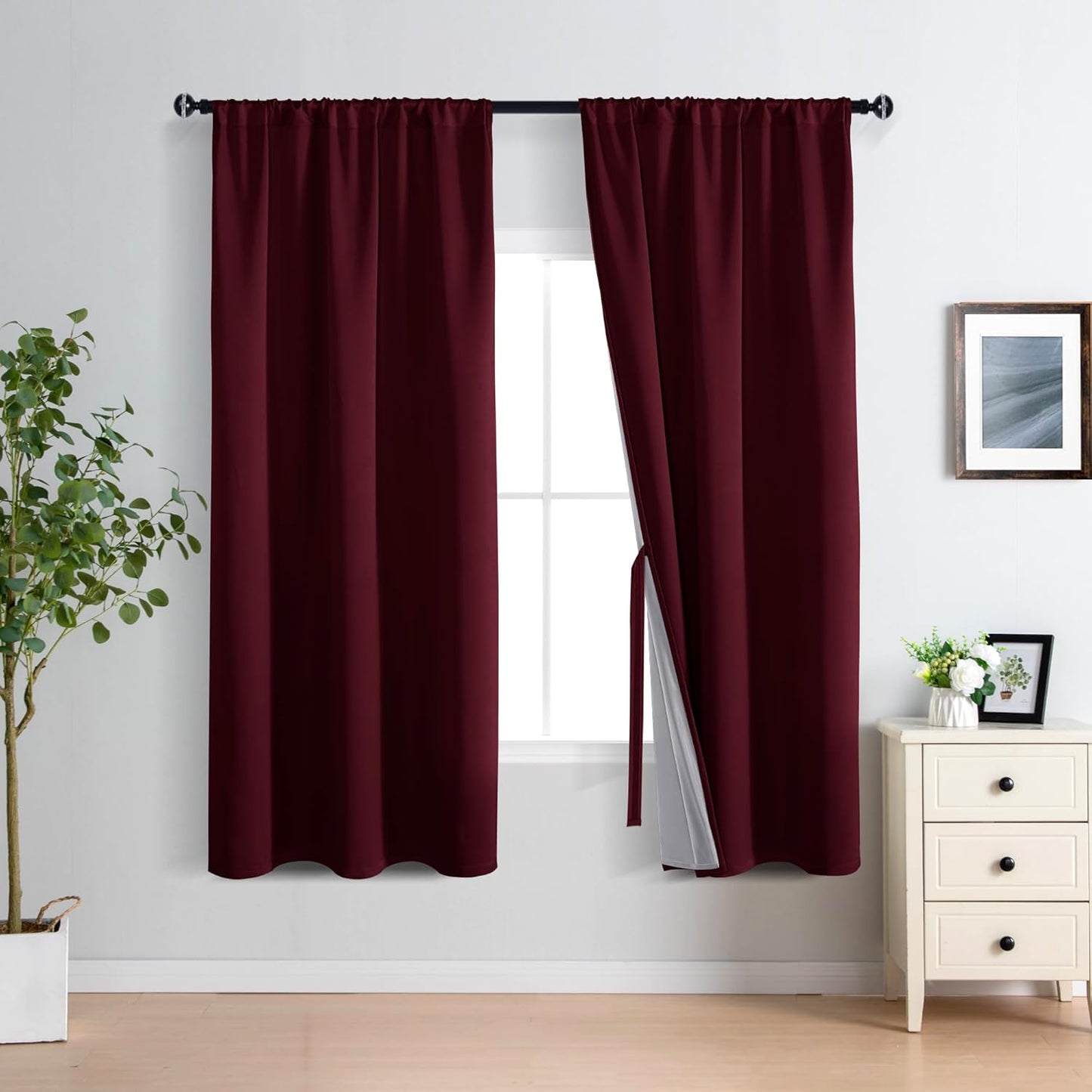 XWZO 100% Blackout Curtain Panels - Rod Pocket Thermal Insulated Black Liner Curtains, Noise Reducing and Heat Blocking Drapes for Hall and Studio Windows with Tiebacks, Burgundy, W42 x L72, Set of 2