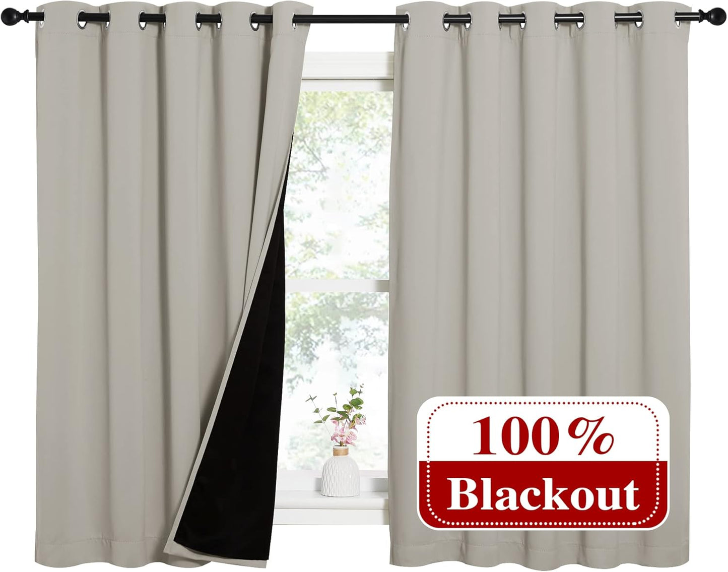 NICETOWN Natural 100% Blackout Lined Curtains, 2 Thick Layers Completely Blackout Window Treatment Thermal Insulated Drapes for Kitchen/Bedroom (1 Pair, 62 inches Width x 63 inches Length Each Panel)