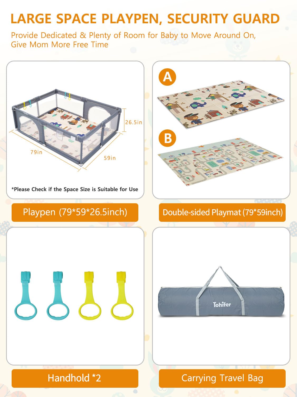 Baby Playpen with Mat, Large Baby Play Yard for Toddler, BPA-Free, Non-Toxic, Safe No Gaps Playards for Babies, Indoor & Outdoor Extra Large Kids Activity Center 79"x59"x26.5" with 0.4" Playmat