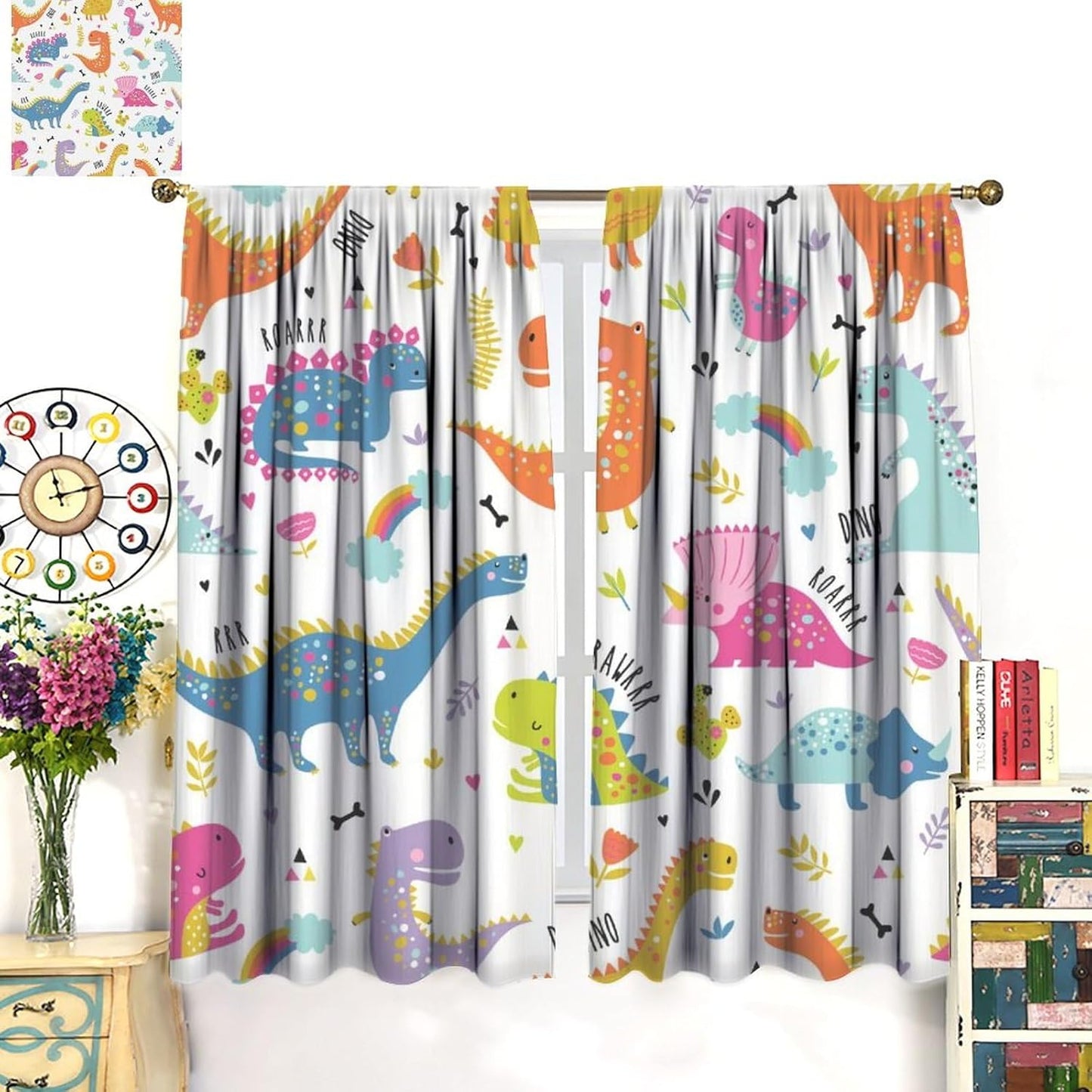Cartoon Dinosaur Curtains for Kids Boys Girls Home Decor Childish Cute Dino Animals Print Pattern Rod Pocket Blackout Window Drapes for Nursery Baby Bedroom Playroom W31.5xL63in 2 Panels