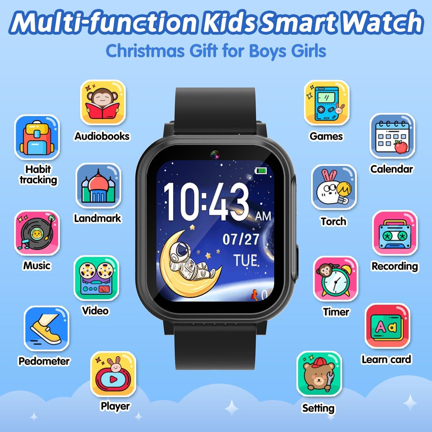 Kids Waterproof Smart Watch with 32 Games HD Touchscreen Dual Camera Music Player Pedometer Flashlight Habit Tracking Storybook, Birthday Gifts for 5-12 Year Olds Boy Include Lanyard Screen Protectors