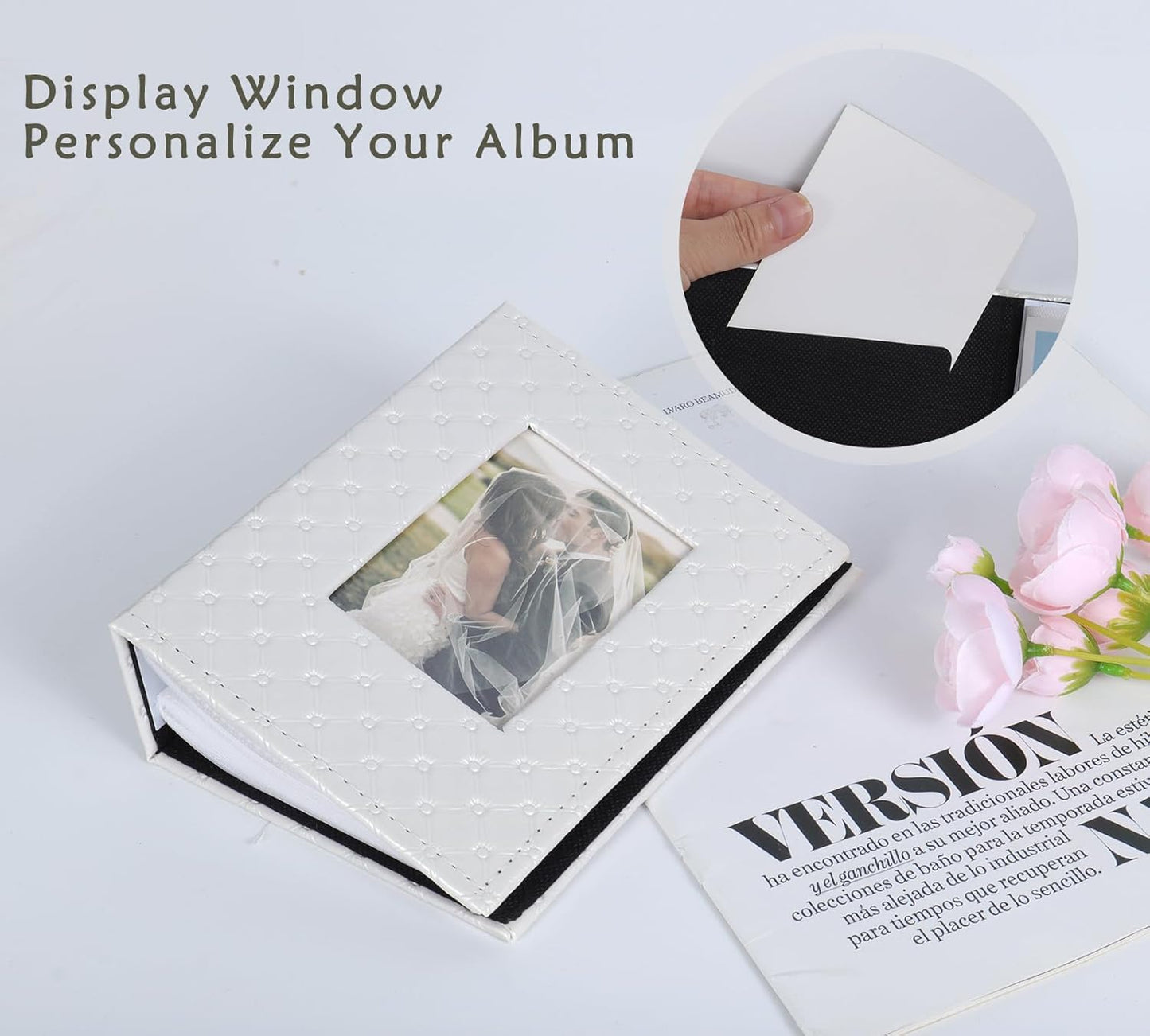 RECUTMS Photo Album 4x6 52 Photos, Small Photo BookButton Grain PU Leather Window 26-Sheet Holds 52 Pictures for Picture Album Wedding Family Baby Vacation(White)