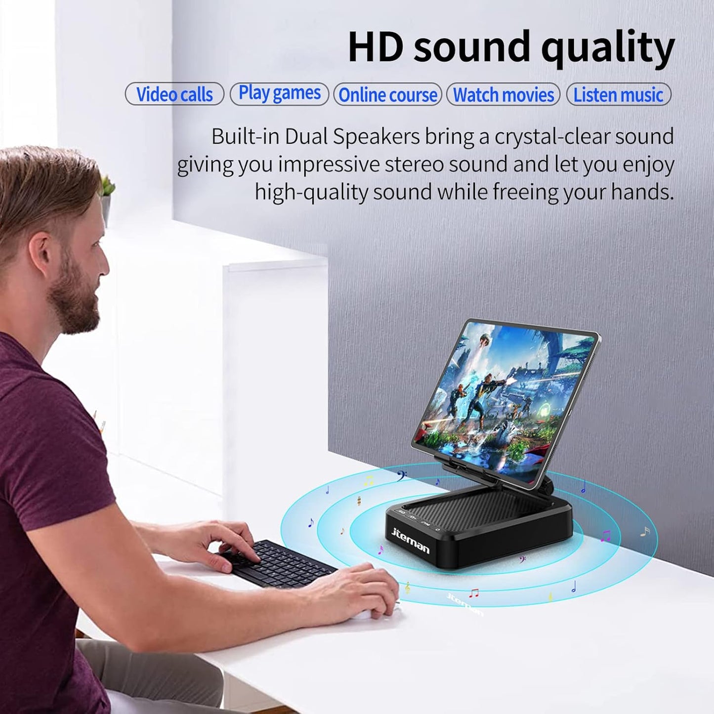 JTEMAN Tablet Stand Adjustable with Bluetooth Speakers,Kitchen Gadgets,Gifts for Women Men,Wireless Bluetooth Speaker Tablet Holder,Desk Mic Charging Sation Compatible with Phones and Tablet