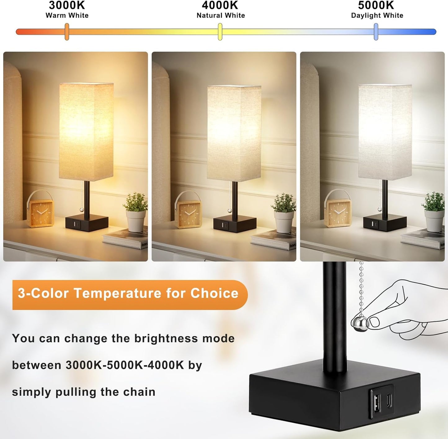 Beige Bedside Table Lamps Set of 2 - Square Bedroom Lamps with 3 Color Temperatures (3000K/5000K/4000K), Nightstand Lamps with USB C + A Charging Ports, Pull Chain Small Night Light for End Table