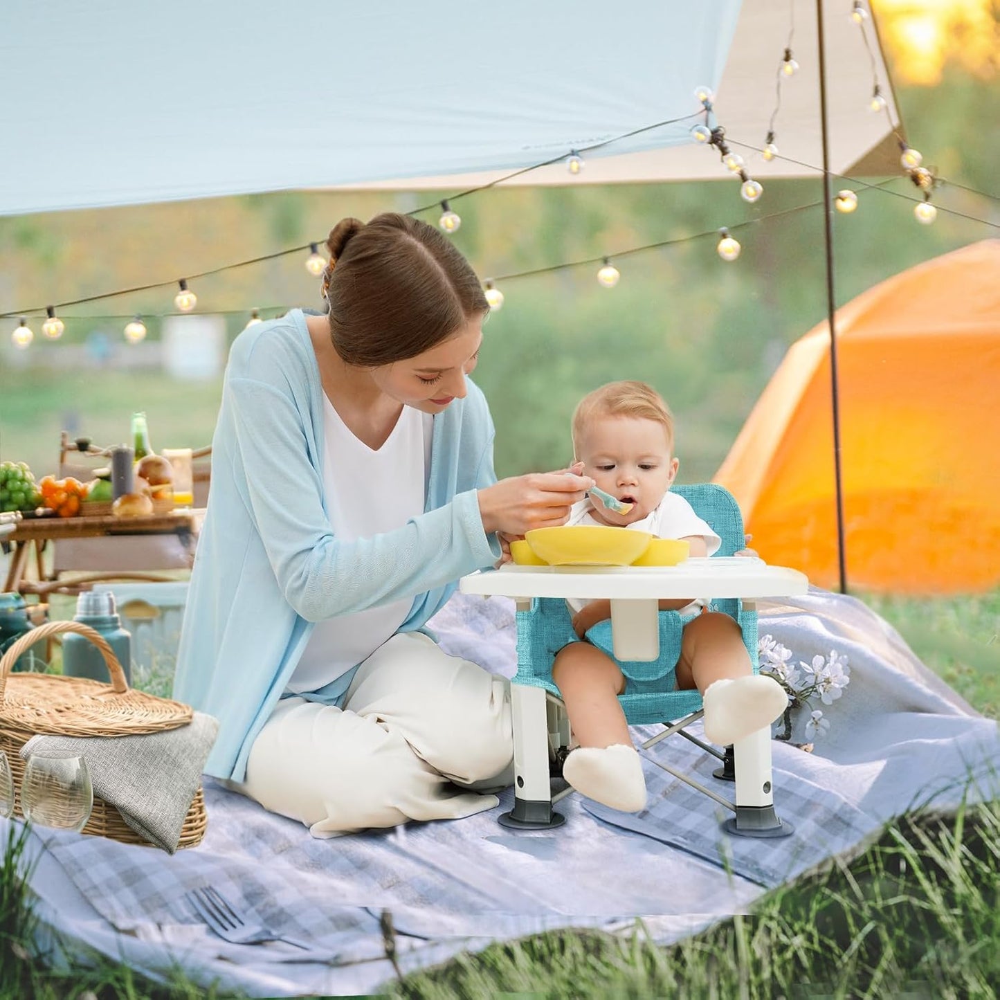 Baby Travel Booster Seat with Double Tray, BabyBond Upgraded Toddler Portable Baby Chair, Booster Seat for Dining Table, Stable and Foldable Booster Baby Chair for Indoor/Outdoor (Blue Sea World)
