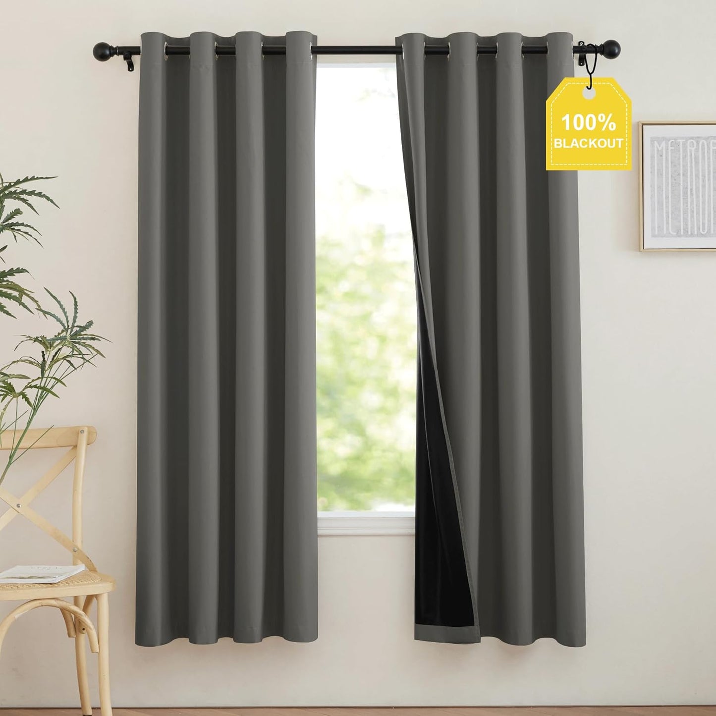 NICETOWN 100% Blackout 72 inch Curtains for Bedroom, Grommet Thermal Curtains Privacy Portable Window Treatments Travel Blackout Curtains for Living Room, Dark Grey W52 x L72, 2 Panels