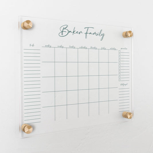 Personalized Clear Acrylic Calendar for Wall, Calendar Whiteboard for Wall, Dry Erase Wall Calendar, Wall Calendar Organizer System for Home (Cursive, Jade, 14"W x 11"H)