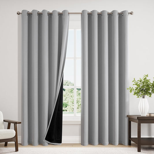 ChrisDowa 100% Blackout Curtains 84 inch Long for Bedroom with Black Liner, Extra Wide 2 Thick Layers Total Blackout Thermal Insulated Grommet Window Curtains 2 Panels Set (Light Grey, 60 x 84 Inch)