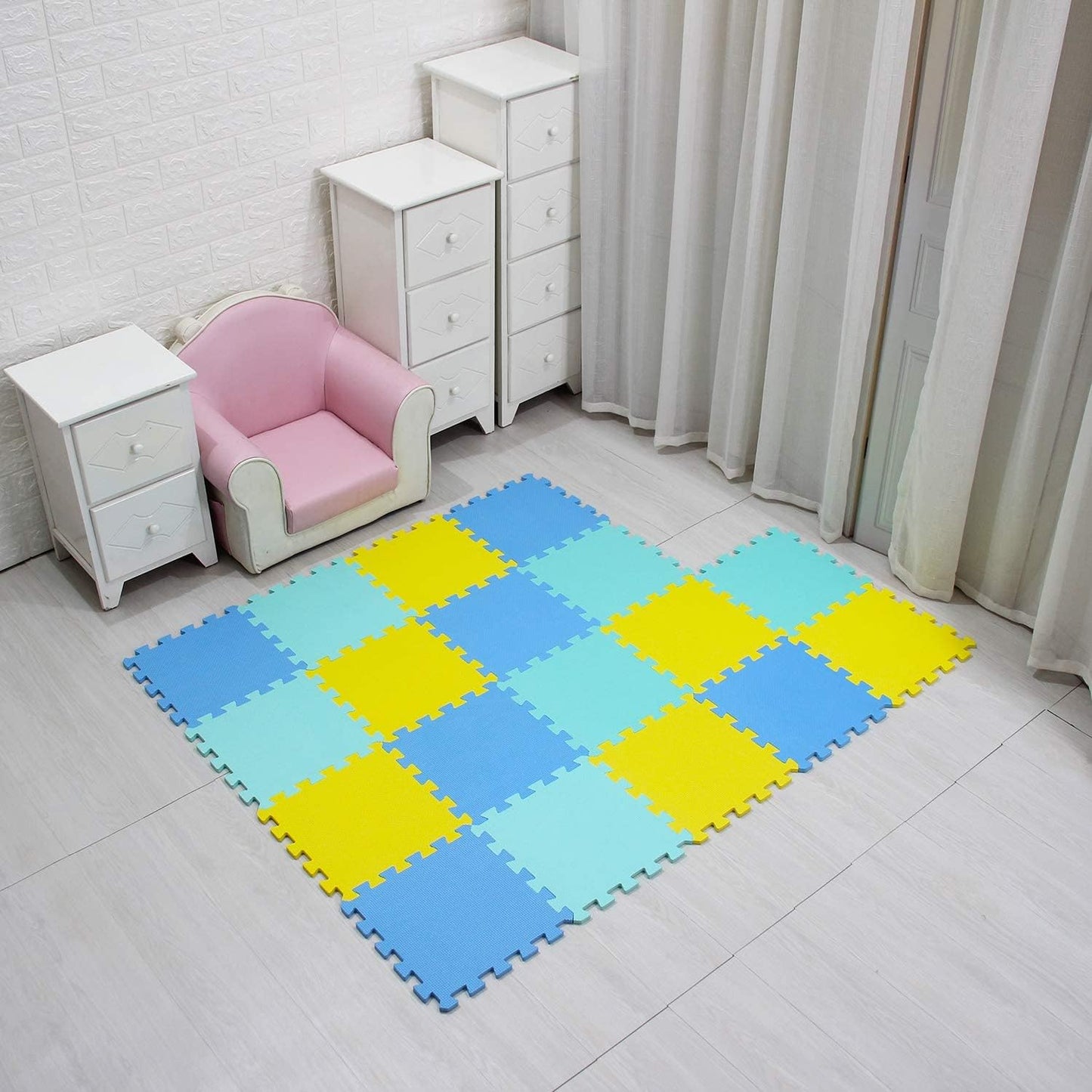 qqpp EVA Rubber 18 Tiles Interlocking Puzzle Foam Floor Mats - Baby Play Mat for Playing | Exercise Mat for Home Workout. Yellow, Blue, Green. QC-EGHb18N