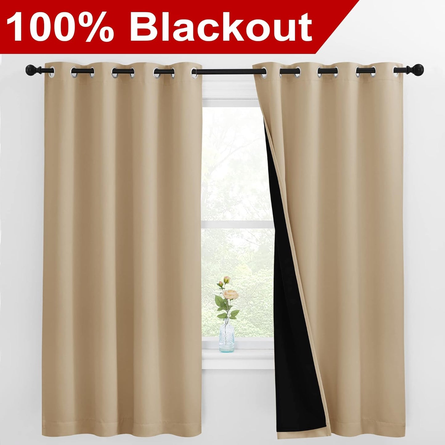NICETOWN Bedroom Full Blackout Curtain Panels, Super Thick Insulated Window Covers, Complete Blackout Draperies with Black Liner for Short Window(Biscotti Beige, Set of 2 PCs, 55 by 68-inch)