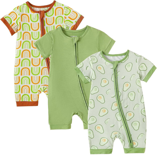 OPAWO Bamboo Baby Pajamas 3 Pack, Double Zipper Bamboo Sleepers for Baby Boy Girl Romper, Toddler Summer Clothes Outfit 0-24M