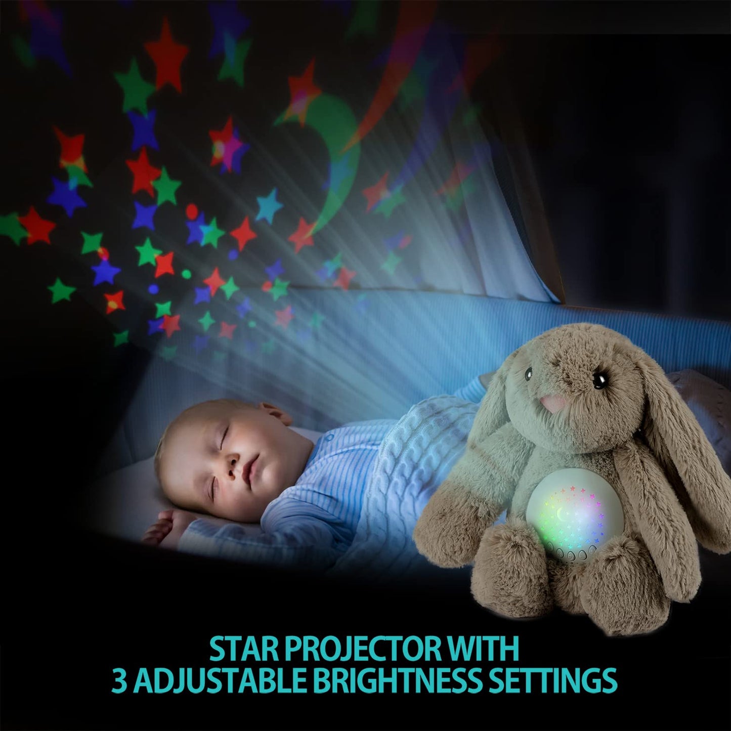 BEREST Baby Sleep Soother Bedtime Bunny with Starry Projector Night Light, Plush Stuffed Animal for Newborn Infants, Lullaby Music, White Noise, Mother's Heartbeat for Boys & Girls Shower Gifts