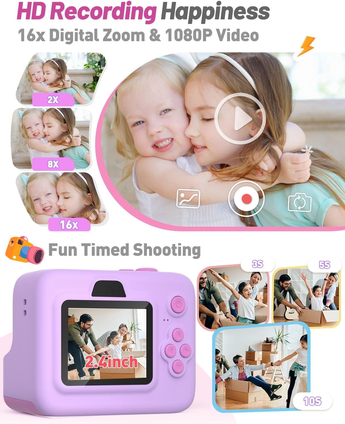 Instant Print Camera for Kids, Christmas Birthday Gifts for 3-12 Year Old Girls Boys, 2.4in Screen 1080P Video Digital Camera Toys for Kids Age 4 5 6 7 8 9 10 with 3 Rolls Print Paper 32G Card