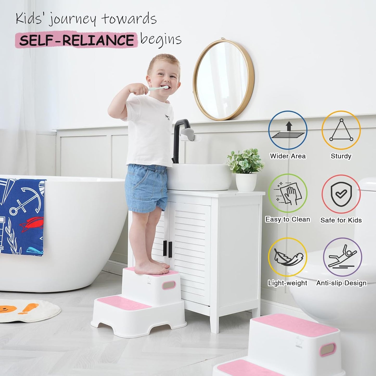 Two Step Stools for Toddlers Girls, Small Kids Step Stool for Bathroom Sink, No Slip Toddler Step Stool for Little Grils Room Princess Bedroom Closet Potty Training (2 Pack, White-Pink)