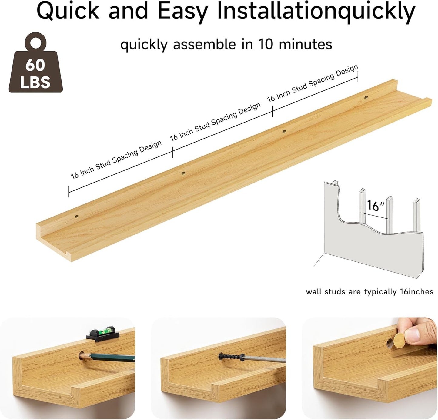 Floating Picture Ledge Shelves for Wall Set of 2, 55 Inches Picture Shelf with Ledge, Nursery Book Shelf for Toys Storage Kids Bookshelf Wall Mounted Living Room Bedroom Decor Frames, Oak