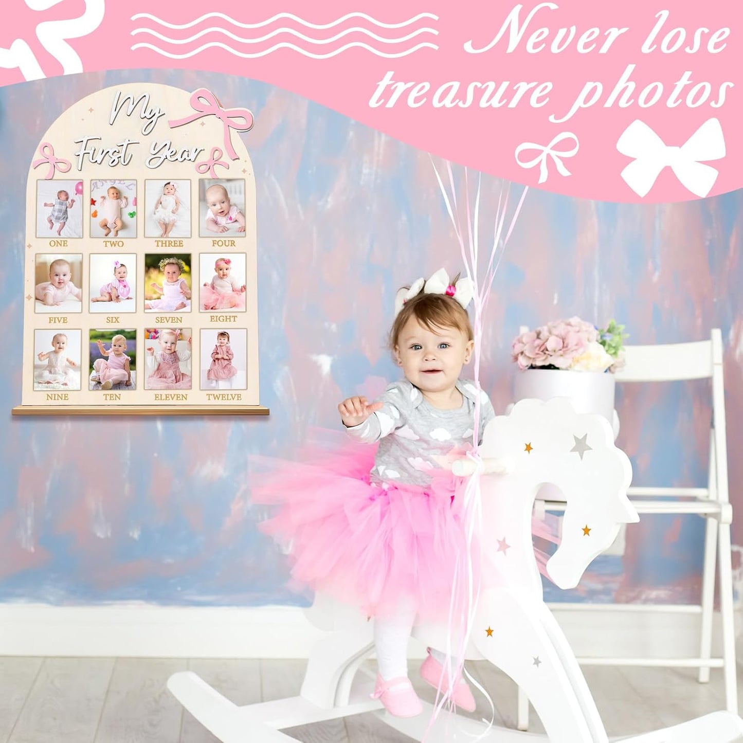 Pink Bow First Year Photo Board Coquette Bow Birthday Party Wooden Board Decorations 12 Monthly Milestone Picture Frame One Year Old Wood Sign 1st Birthday Photo Banner for Baby Girls Keepsake Gift