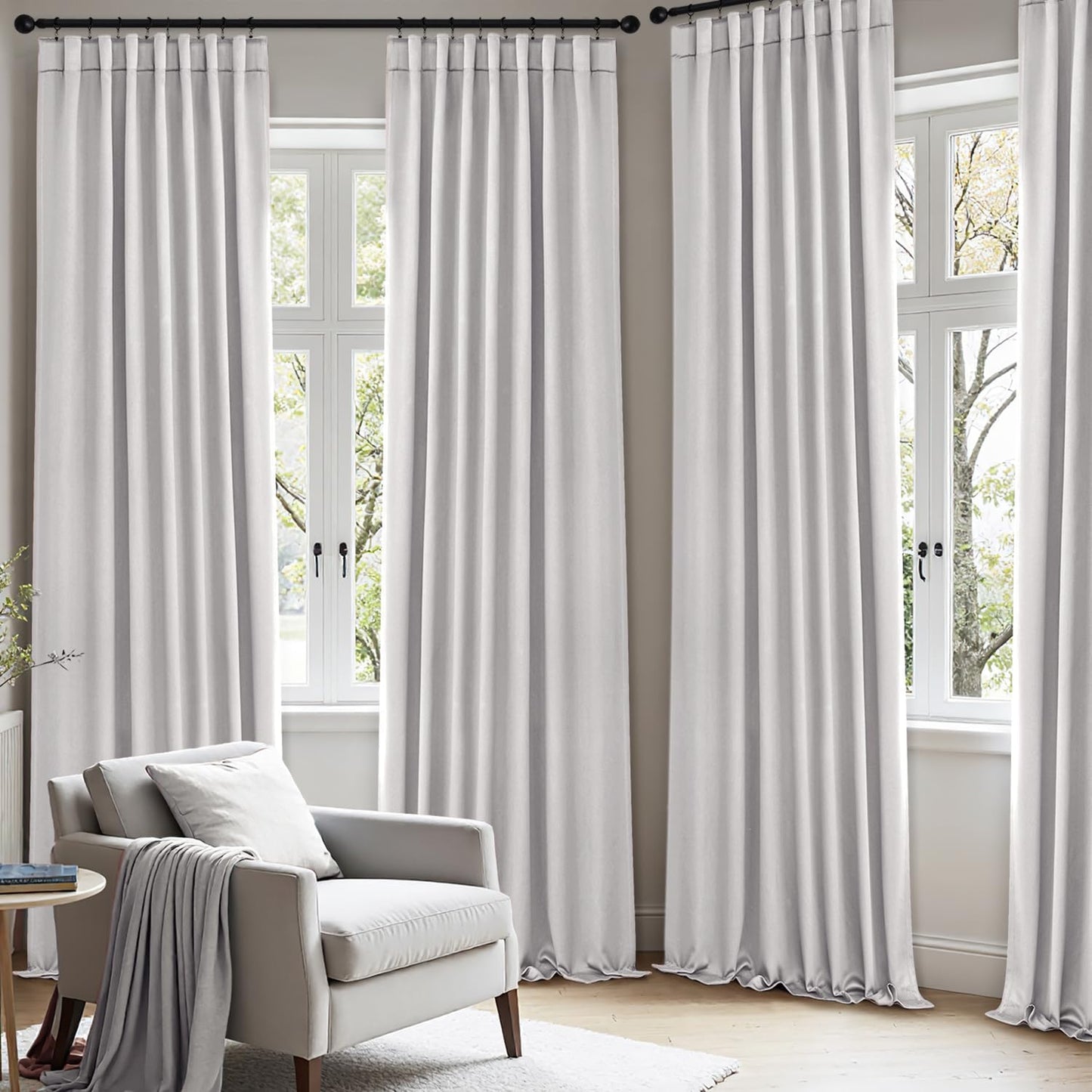 ANRODUO Back Tab Blackout Curtains for Bedroom Living Room, Rod Pocket Pinch Pleated Thermal Insulated Room Darkening Curtains 72 Inches Long 2 Panels, Greyish White, 42 x 72 Inch