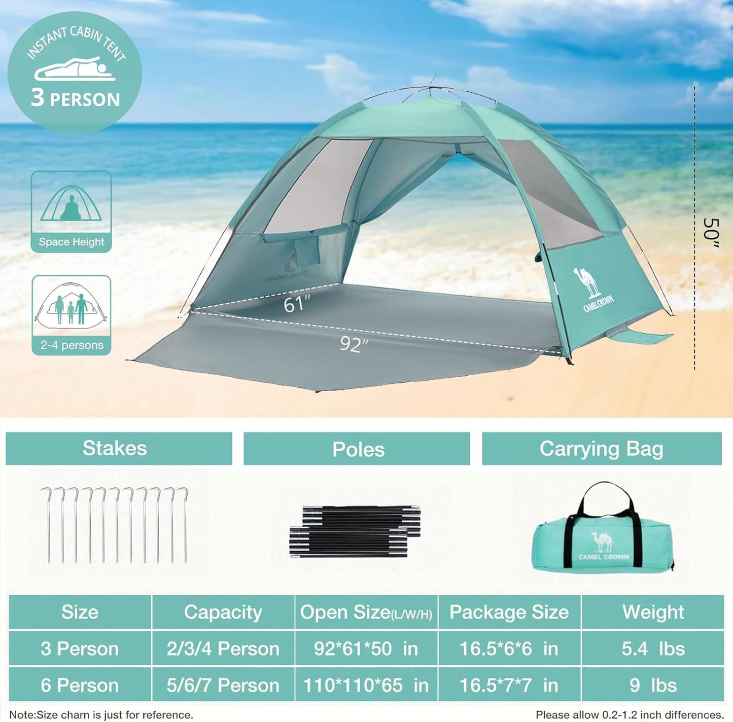 CAMEL CROWN Beach Tent UPF 50+ Sun Shelter for 2/3/5/6 Person, Lightweight Portable Sun Shade with Sand Anchor, Family Beach Day & Outdoor Adventures