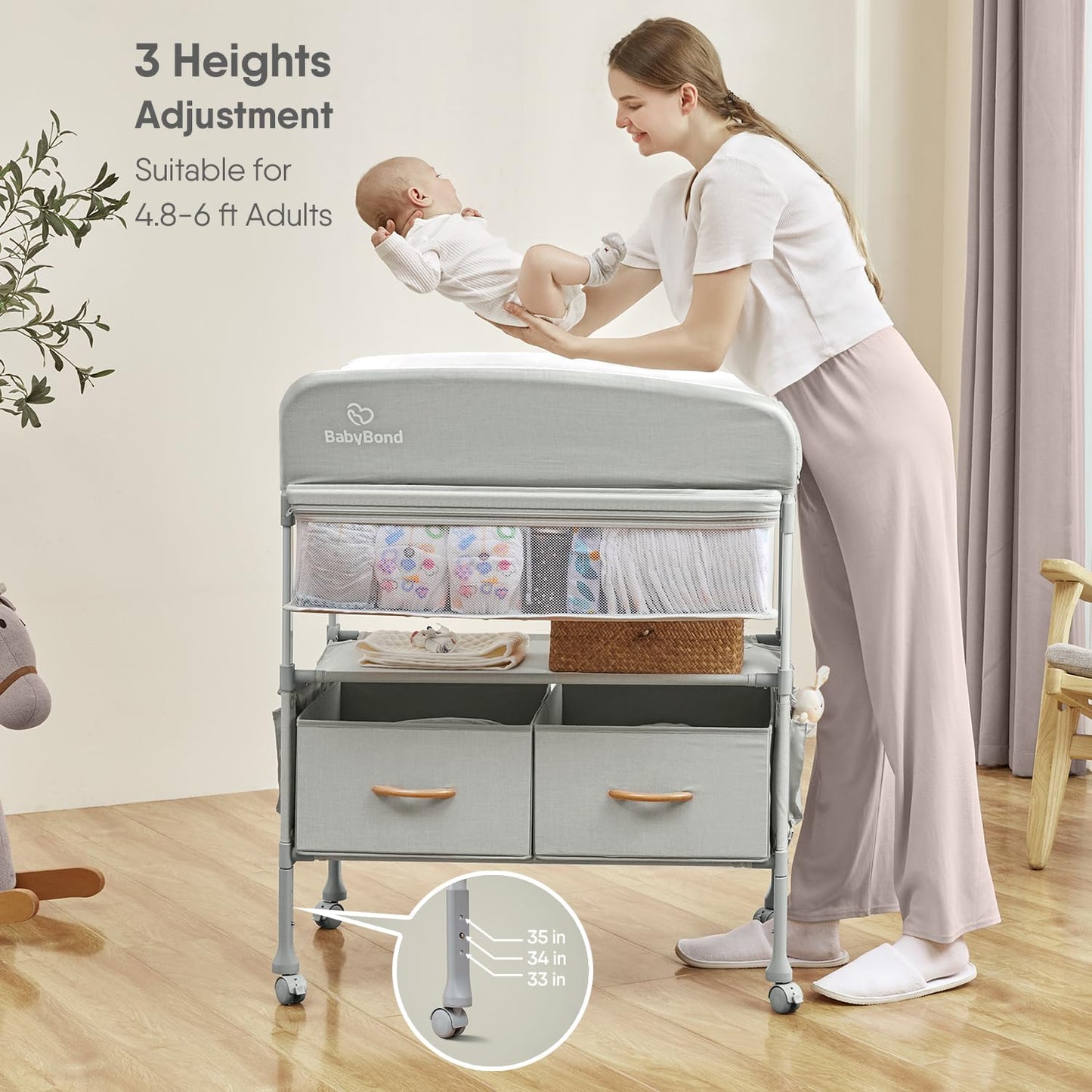 BabyBond Portable Baby Changing Table with 2 Storage Baskets, Foldable Changing Table Dresser Waterproof Diaper Changing Table Height Adjustable Changing Station for Infant and Newborn(Beige)
