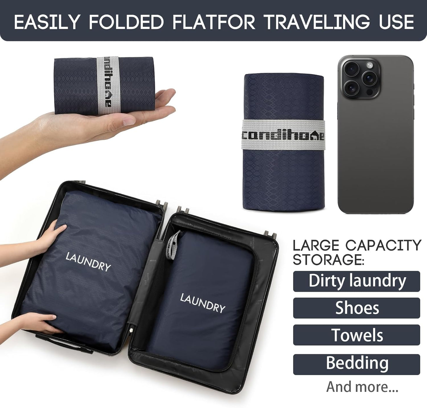 Travel Laundry Bag (2 Pcs - Large + Small) - Foldable Waterproof Washable Wet Dry Bag for Gym, Swimming, Yoga, and Workout Perfect for Dirty Clothes, Bathing Suits, Travel Accessories - Navy Blue