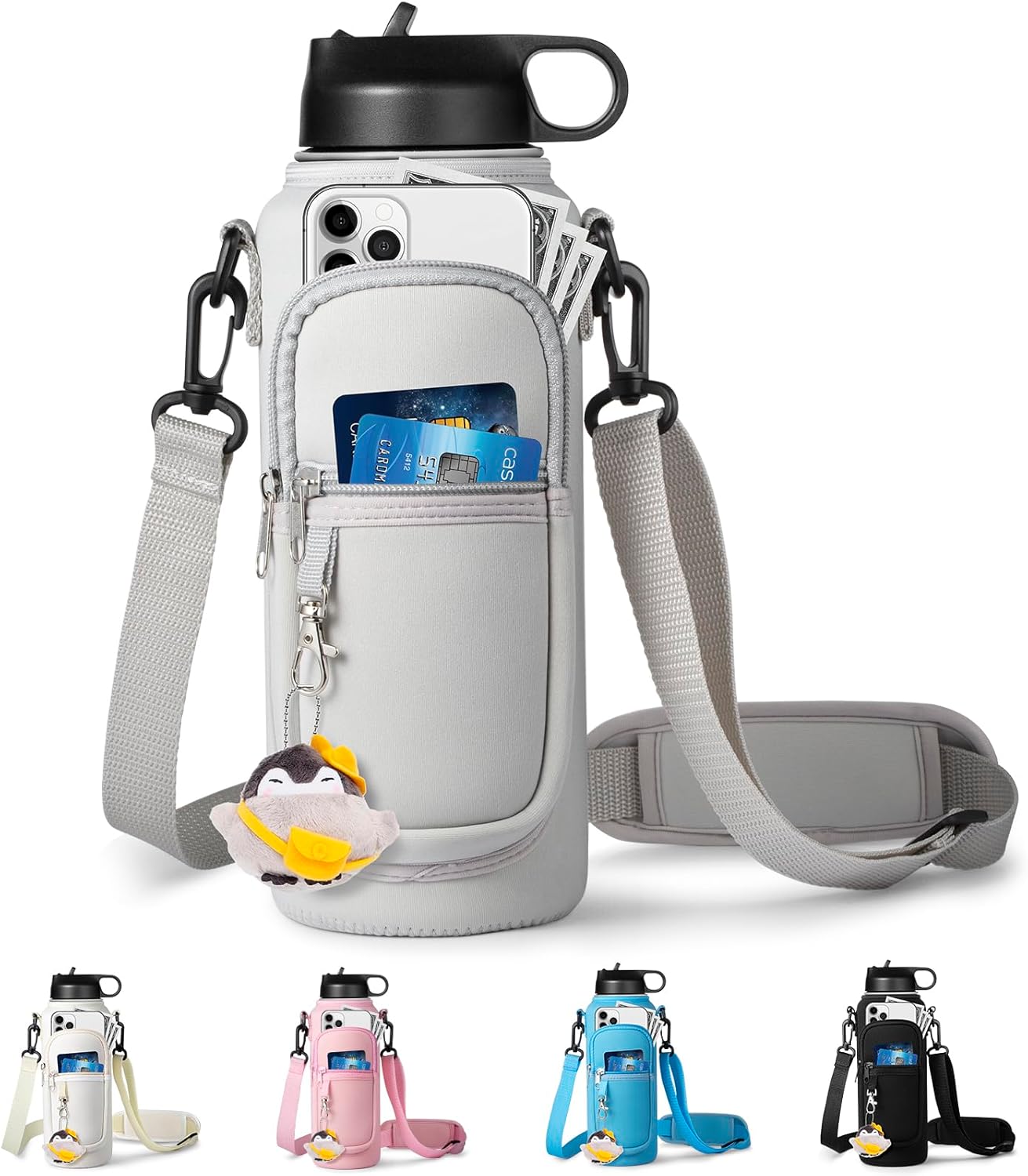 Water Bottle Holder with Strap for Hydroflask 32oz 40oz, Carrier Sling Bag with Phone Pocket Sleeve for Men Women Hiking Camping Travelling