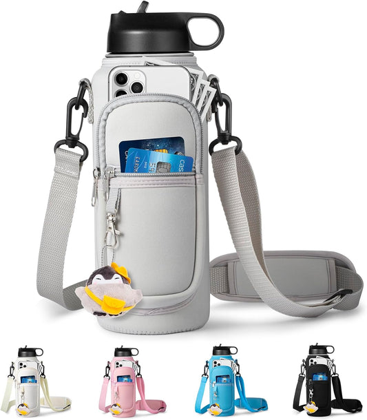 Water Bottle Holder with Strap for Hydroflask 32oz 40oz, Carrier Sling Bag with Phone Pocket Sleeve for Men Women Hiking Camping Travelling