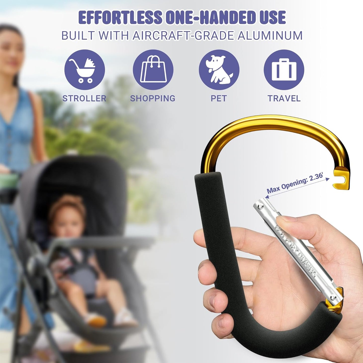 sprookber 6.7 Inch Large Stroller Hooks for Diaper Bags & Purses, Heavy Duty Mommy Hooks for Shopping, Grocery, Backpack – Baby Stroller Accessories, Set of 2 (Gold)