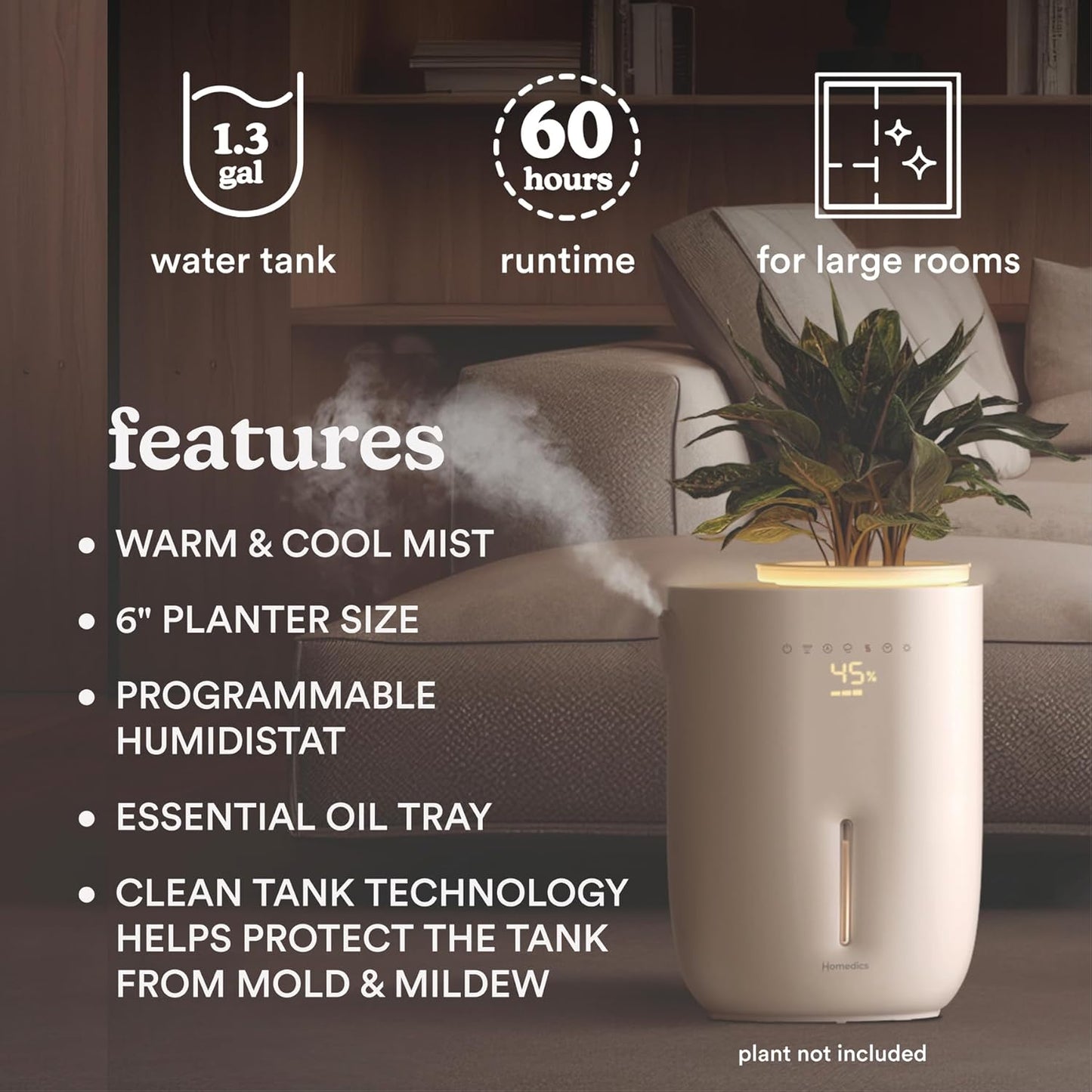 Homedics Natura Ultrasonic Warm & Cool Mist Humidifier, 1.3-Gal for Large Rooms, 60-Hr Runtime, Plant Holder, Programmable Humidity, Auto Shutoff, Nightlight Small Plant Compatible(Plant Not Included)
