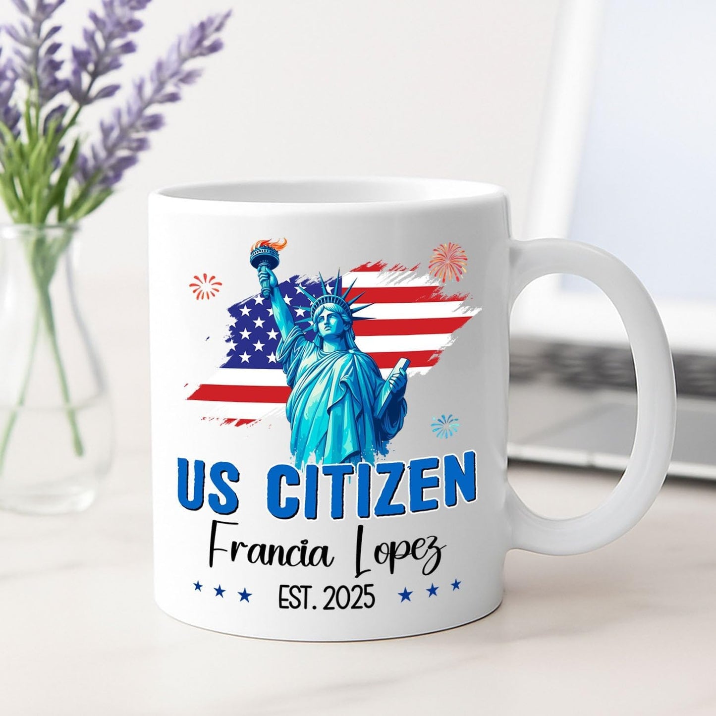 Personalized US Citizen Ceramic Coffee Mug 11Oz 15Oz, New American Citizen Naturalized and Caffeinated White Cup Gift, Customized Year & Name USA Citizenship Coffee Cup, American Flag Travel Teacup