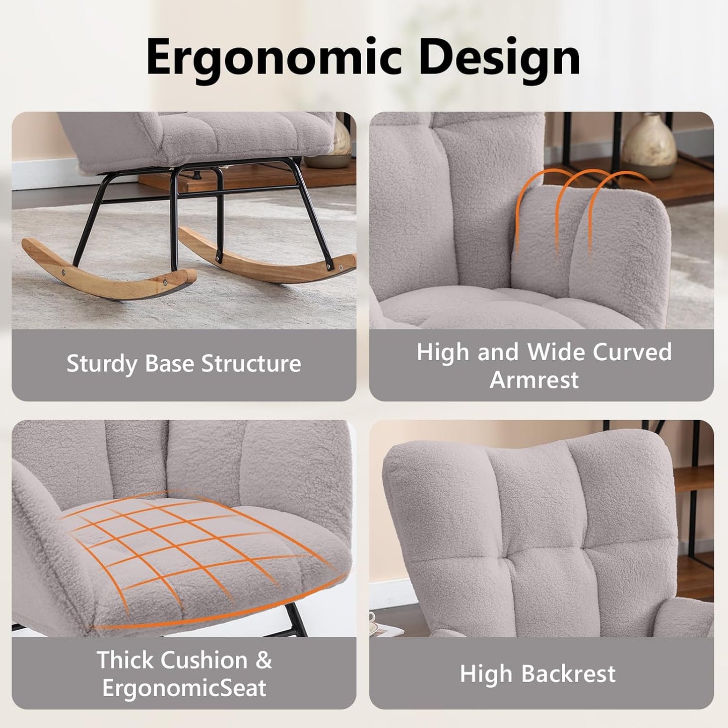 NIOIIKIT Nursery Rocking Chair Velvet Upholstered Glider Rocker Rocking Accent Chair Padded Seat with High Backrest Armchair Comfy Side Chair for Living Room Bedroom Offices (Light Gray)