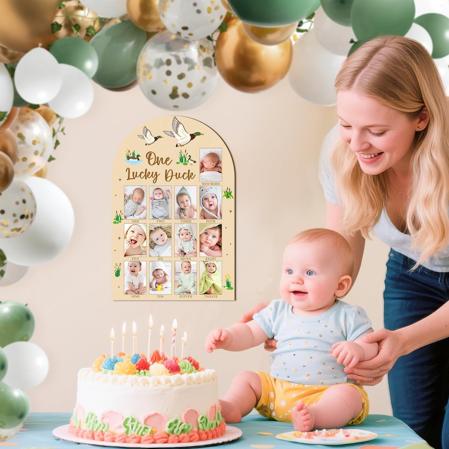 R HORSE 3D Mallard Duck 1st Birthday Wood Photo Display Board, One Lucky Duck Baby's First Year Picture Frame, 1-12 Months Milestone Board Birthday Decorations Keepsake Gift for Baby Nursery Decor