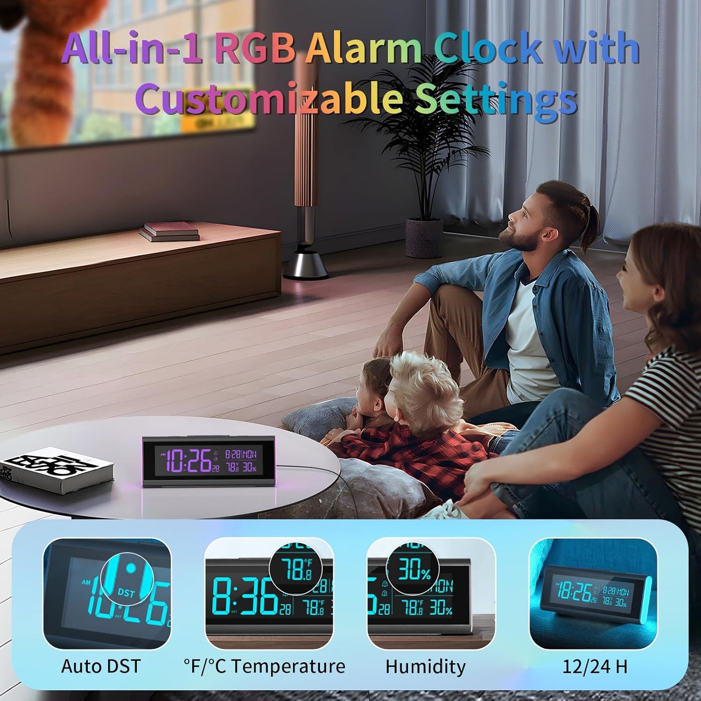 Digital Alarm Clocks for Bedrooms, LED Desk Clock with RGB Night Light, Brightness Dimmer, Date, Week, Temperature Large Display, Modern Decor for Desk, Office, Gift for Kids, Teen, Adults (Black)