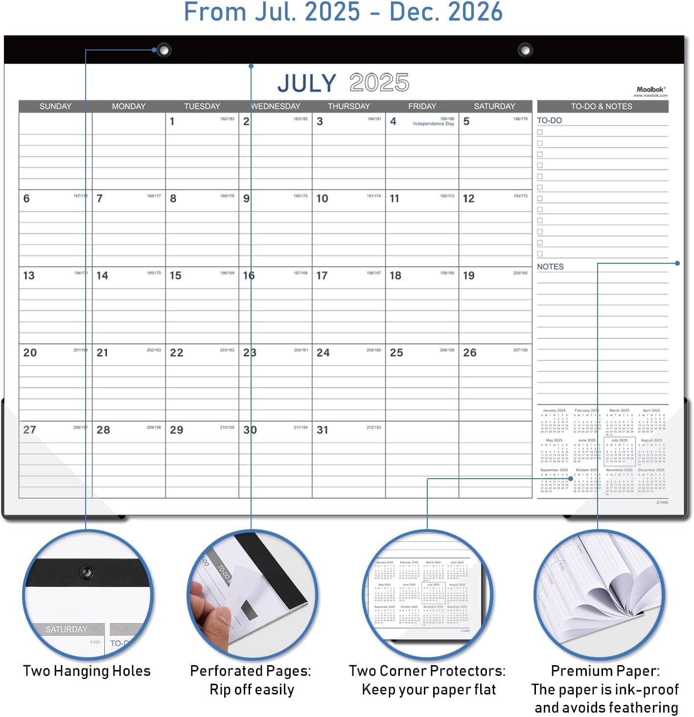 2025-2026 Desk Calendar - JUL 2025 - DEC 2026, 18 Months Large Monthly Desk Calendar, 17" x 12", Large Ruled Blocks