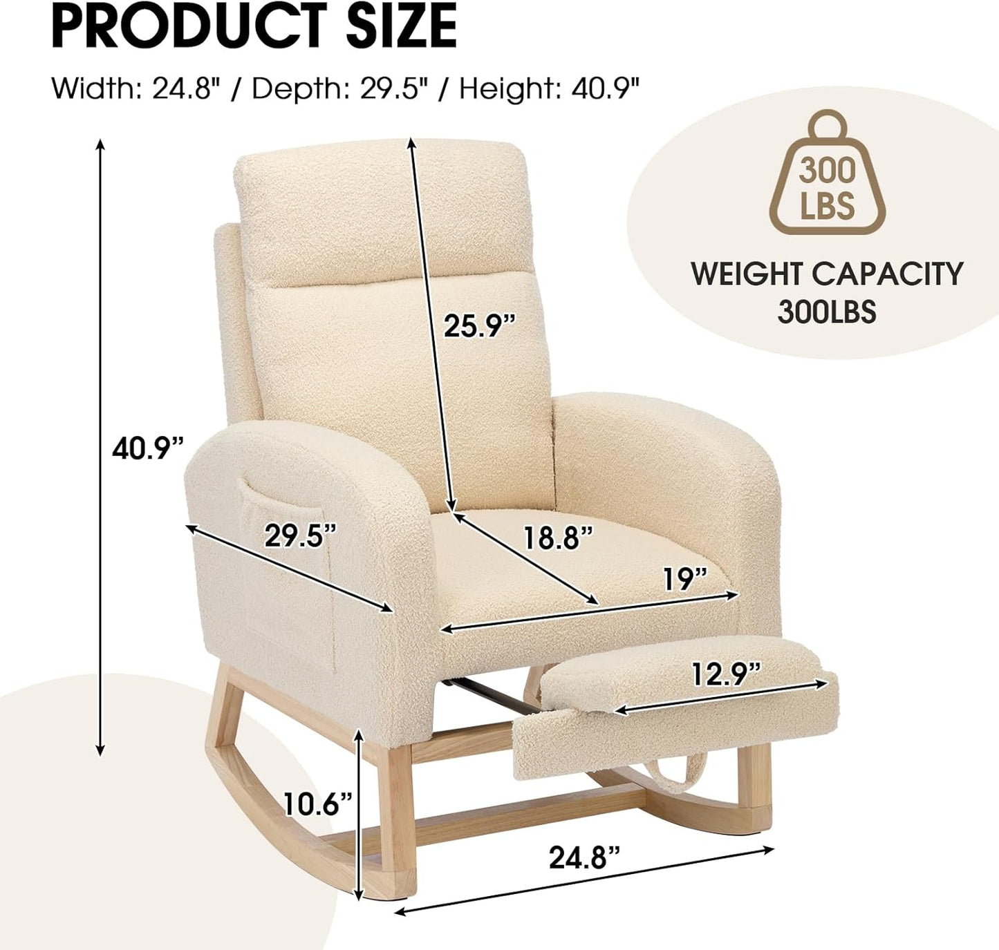 NIOIIKIT Modern Nursery Rocking Chair, Teddy Upholstered Rocking Chair with Footrest, Comfortable Rocker Recliner with Side Pocket, Glider Rocker for Living Room, Bedroom, Nursing Room (Cream)