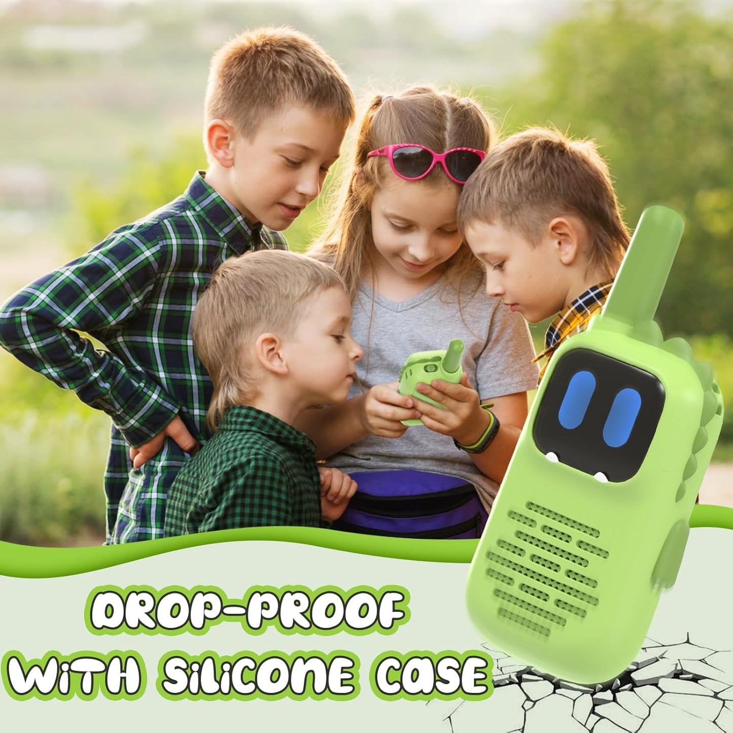 Green Walkie Talkies for Kids with Dinosaurs Silicone Sleeve, Toys for 3-6 Year Old Boys Girls, Kids Walkie Talkies Decent Range 2 Channels 2 Way RadioToy Gifts for 5-8 Year Old Boys Girls