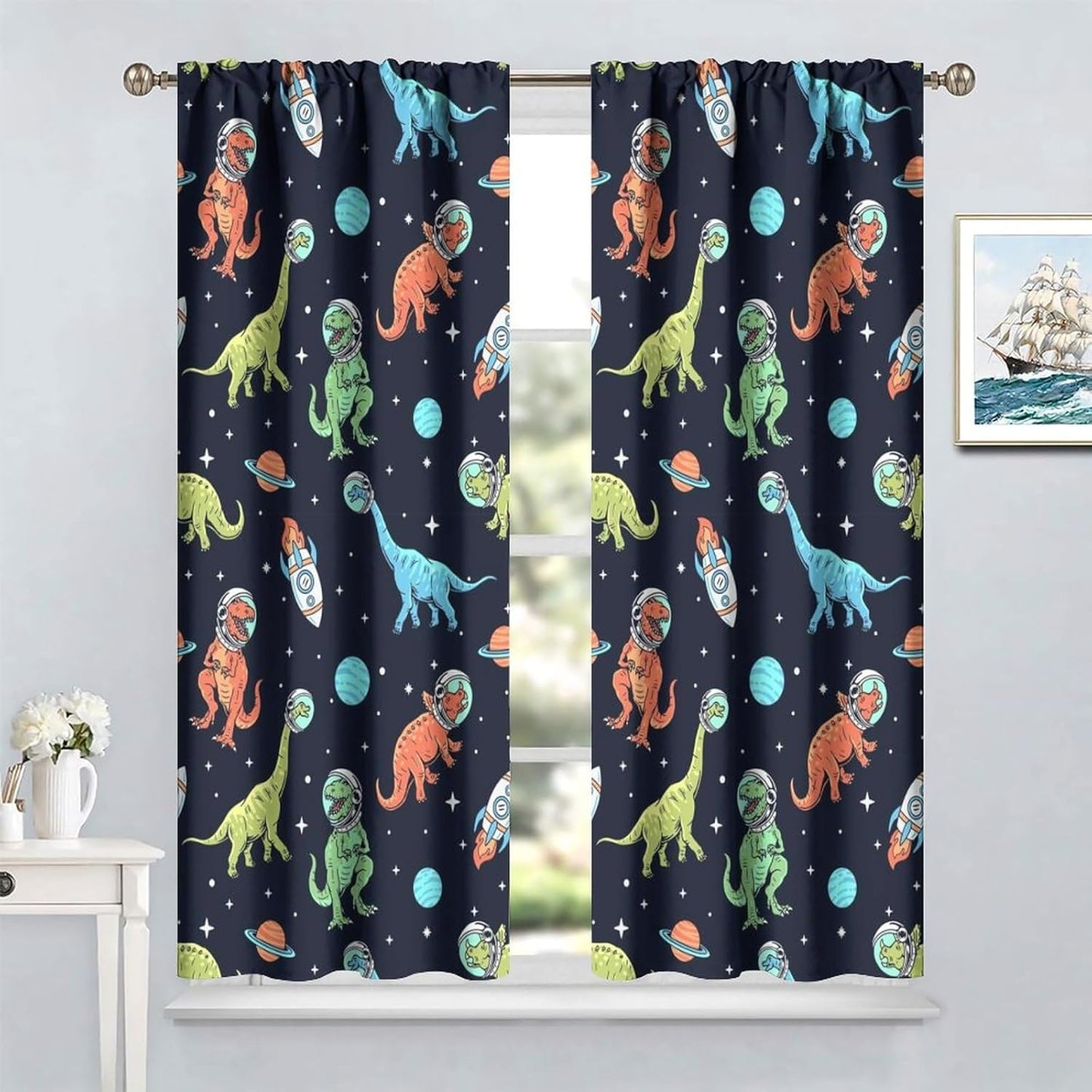 Cartoon Dinosaur Curtains for Kids Boys Girls Home Decor, Astronaut Rocket Funny Outer Space Blackout Rod Pocket Window Drapes for Bedroom Living Room W21xL45in 2 Panels