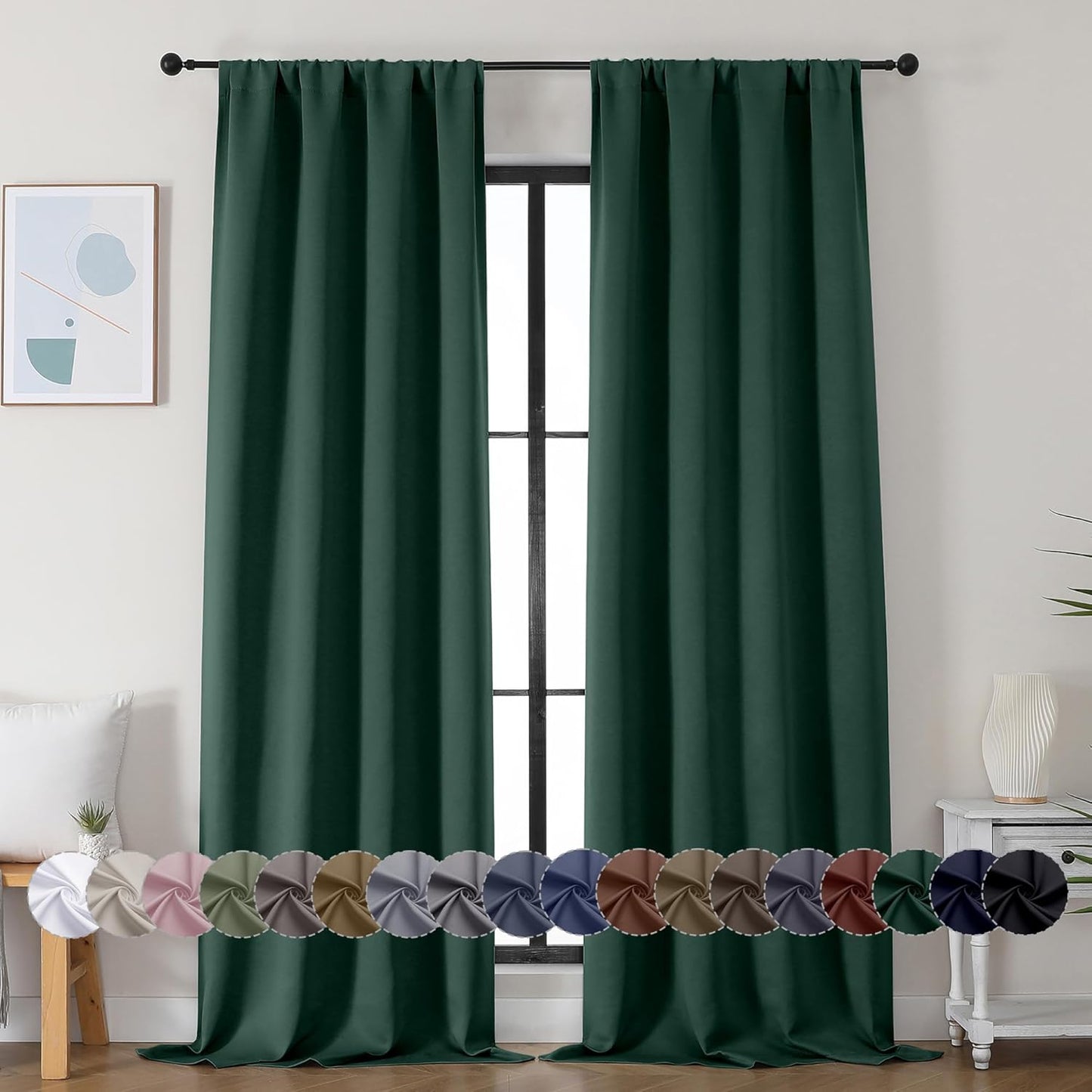 Simplebrand Ava Ever Green Blackout Curtains for Bedroom 90 Inches Long 2 Panels Set, Solid Privacy Energy Saving Living Room Window Treatment Curtains Blackout Drapes, W40 x L90 Inch, Ever Green