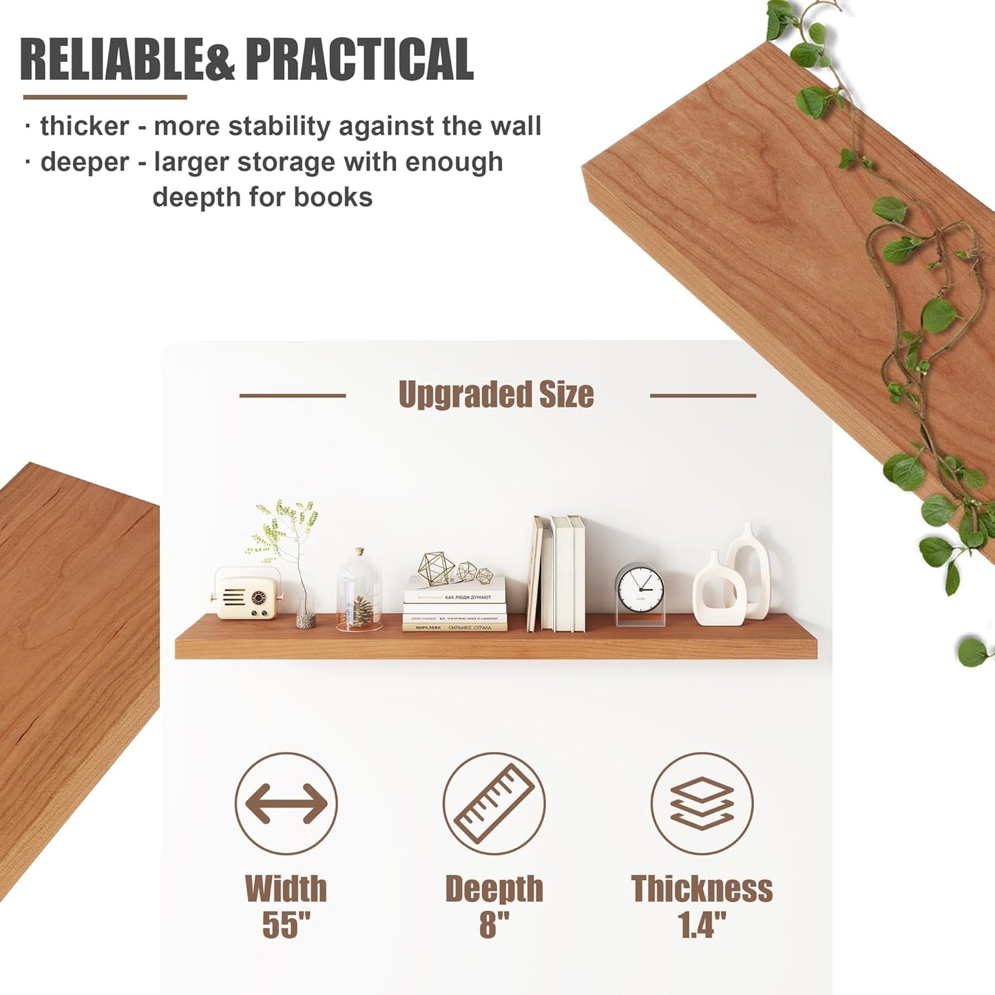 Floating Shelves for Wall, USA-Sourced Cherry Wood 55 Inch Long Wall Shelves, Natural Wooden Wall Mounted Picture Ledge Shelf, Nursery Book Storage Shelf Kids Bookshelf, Display Shelf for Bathroom