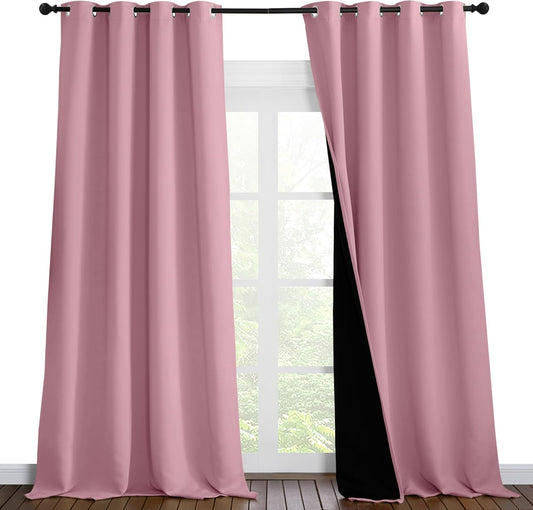 NICETOWN Total Shade Curtains and Draperies, Heavy-Duty Full Light Shading Drapes with Black Liner Backing for Villa/Hall/Dorm Window(Crystal Pink, Package of 2, 55 inches Wide x 96 inches Long)