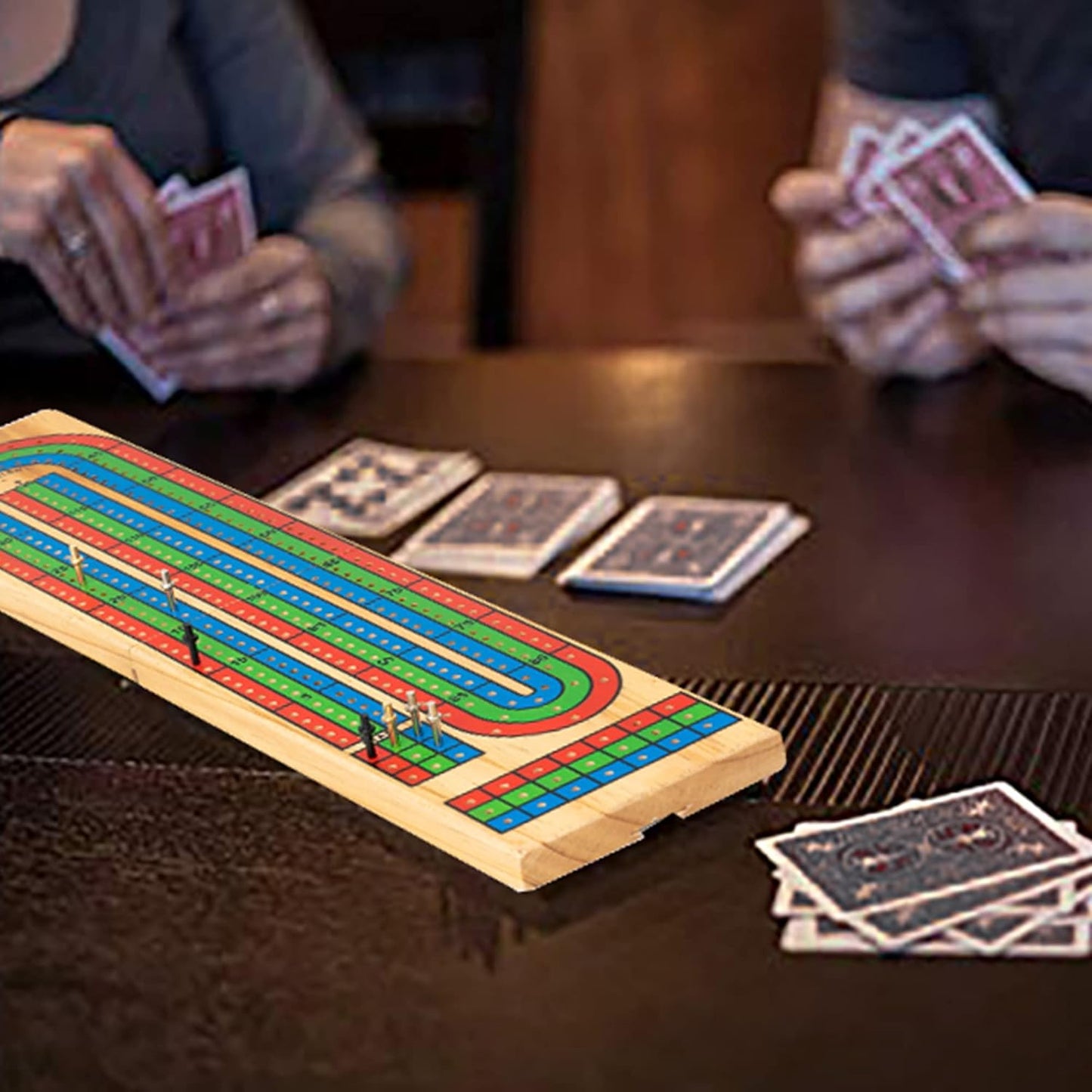 FUNPENY Traditional Wooden Cribbage Board Game Set, 3-Track Color Coded with Metal Pegs and Deck of Playing Cards