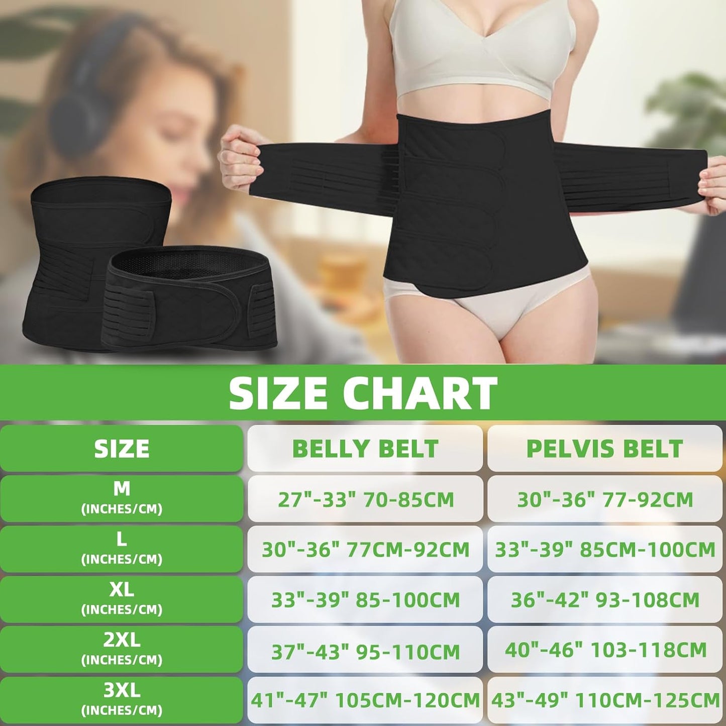 2 in 1 Postpartum Belly Band Wrap Black, C-Section Support Belt Medium, Post Partum Support Recovery Waist/Pelvis Belt, Hysterectomy Belly Band Binder Girdle Stomach