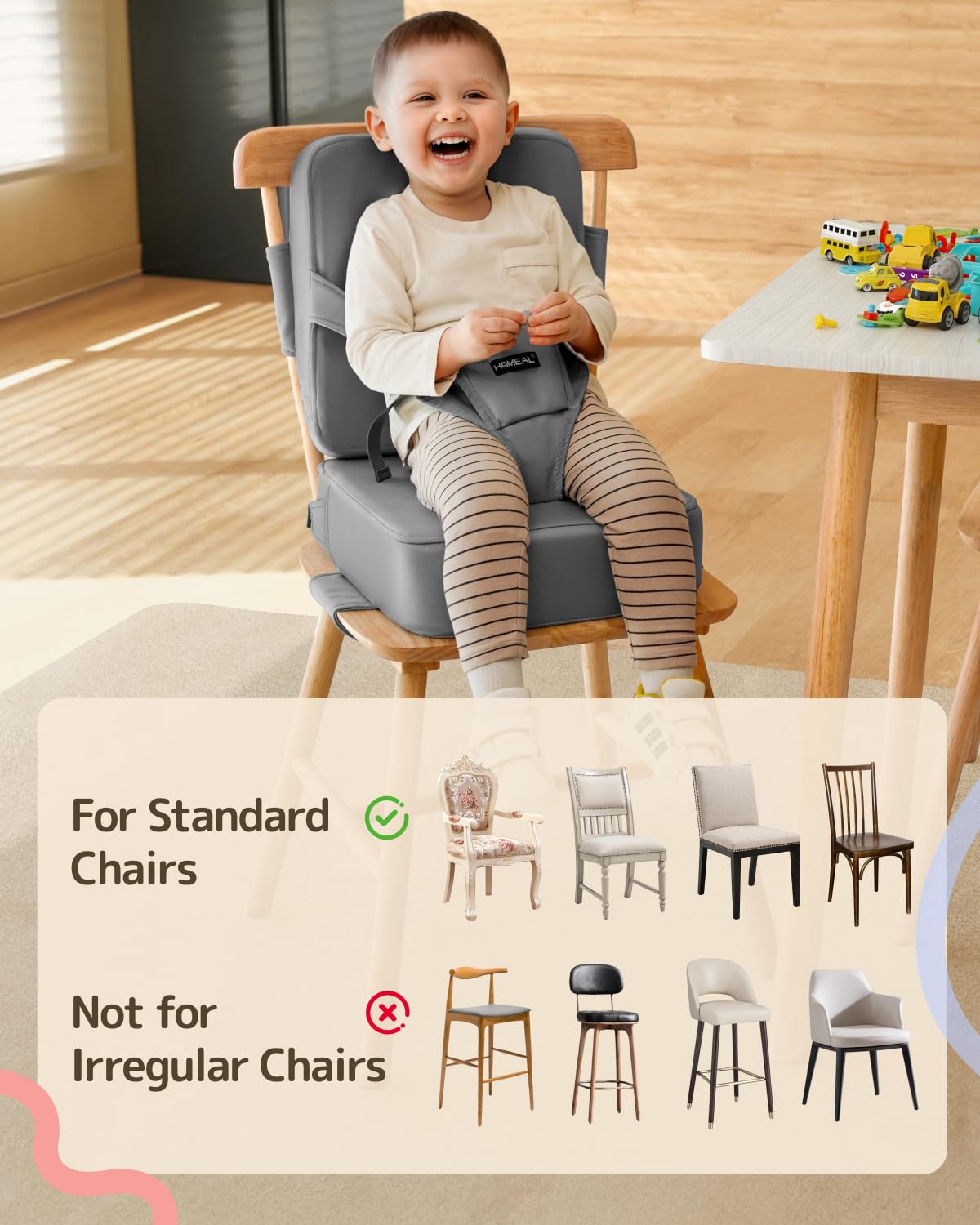 HOMEAL Toddler Booster Seat for Dining Table with Backrest and Adjustable Straps, Breathable Booster Seat for Kitchen Chair, Portable Non-Slip Bottom Booster Seat for Table, Light Grey